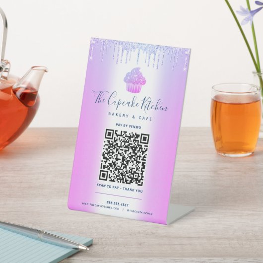QRコードペイはこちらパープルカップケーキグリッターベーカリー 台座サイン (インサイチュ)
