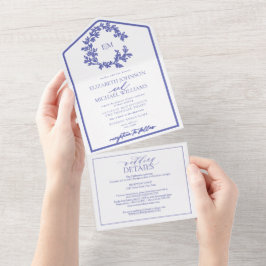 QRコードペリウィンクル葉付きクレストモノグラム結婚ズ オールインワン招待状
