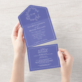 QRコードペリウィンクル葉付きクレストモノグラム結婚ズ オールインワン招待状