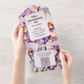 QRコードホットピンク明るい赤紫色水の色の蘭の結婚式 オールインワン招待状 (貼ってはがせる)