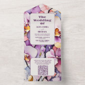 QRコードホットピンク明るい赤紫色水の色の蘭の結婚式 オールインワン招待状 (内側)