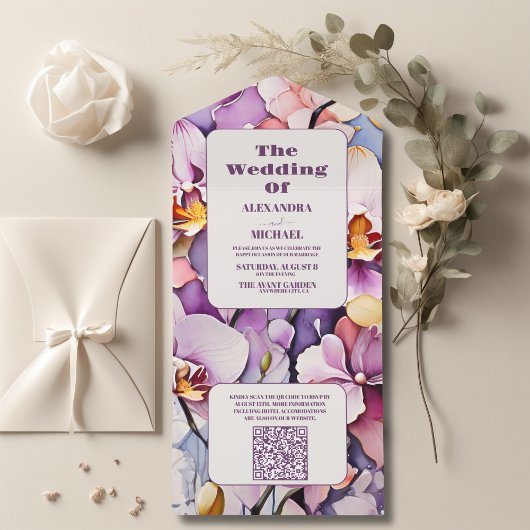 QRコードホットピンク明るい赤紫色水の色の蘭の結婚式 オールインワン招待状