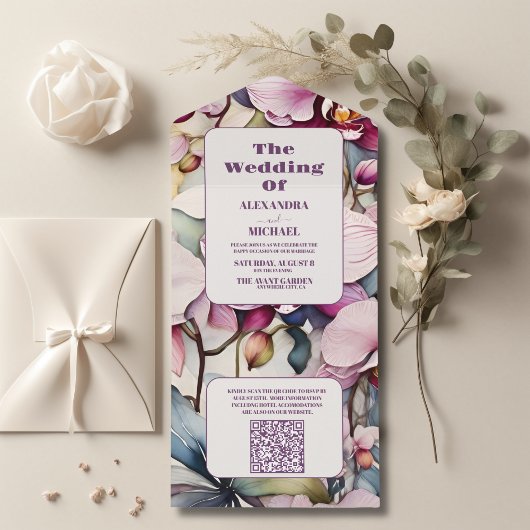QRコードホットピンク明るい赤紫色水の色の蘭の結婚式 オールインワン招待状