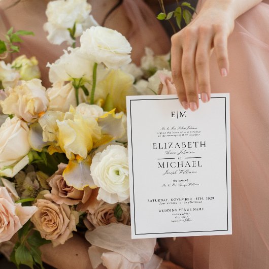 QRコードホワイトブラッククラシックモノグラム結婚ズ 招待状