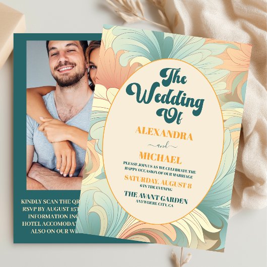 QRコードボホレトロカラフルフローラ結婚 招待状