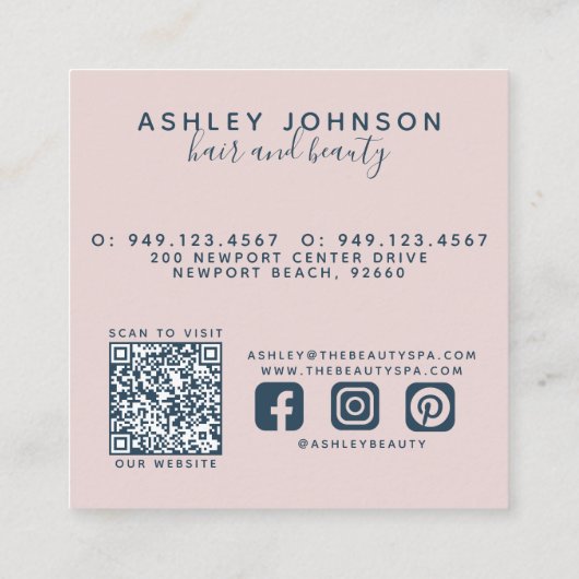 QRコードボモダンタニカル赤面ピンクネイビーブルー スクエア名刺 (裏面)