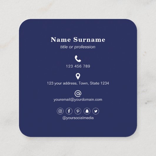 QRコードミニマリストソーシャルメディアシンプルネイビーブルー スクエア名刺 (裏面)