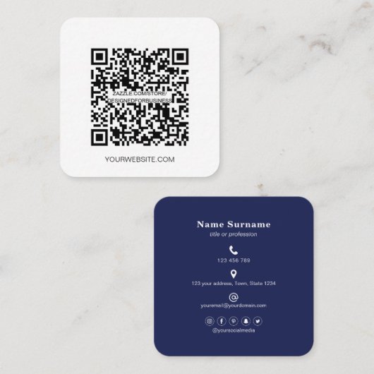 QRコードミニマリストソーシャルメディアシンプルネイビーブルー スクエア名刺 (正面/裏面)