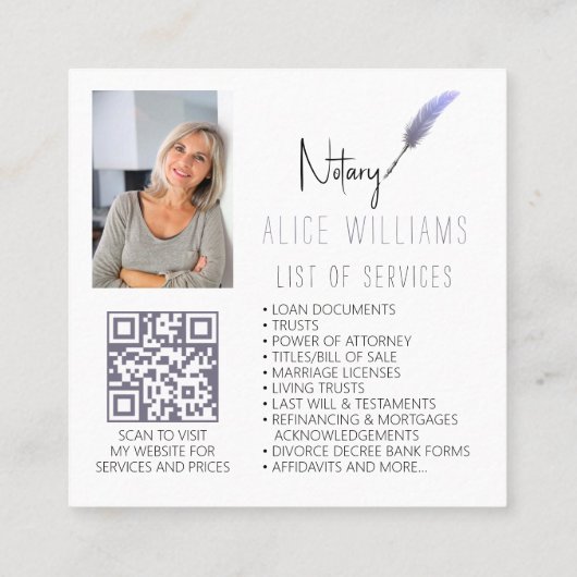 QRコードミニマリストパープル&ホワイト公証人写真 スクエア名刺 (裏面)