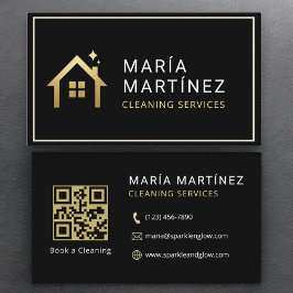 QRコードミニマリストブラック金ゴールド清掃サービス 名刺