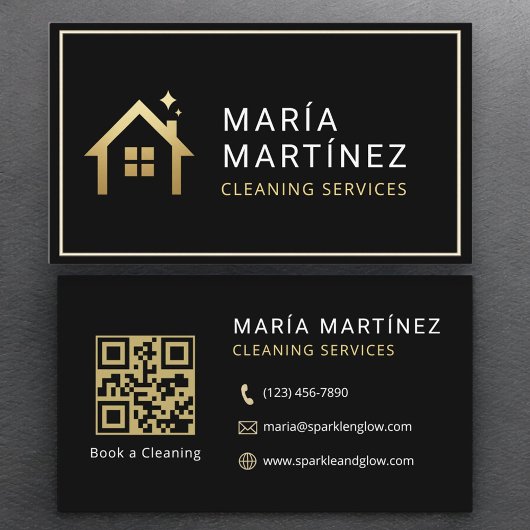 QRコードミニマリストブラック金ゴールド清掃サービス 名刺