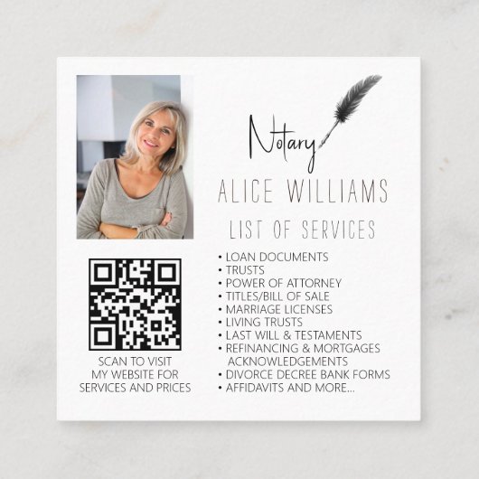 QRコードミニマリストブラック&ホワイト公証人写真 スクエア名刺 (裏面)