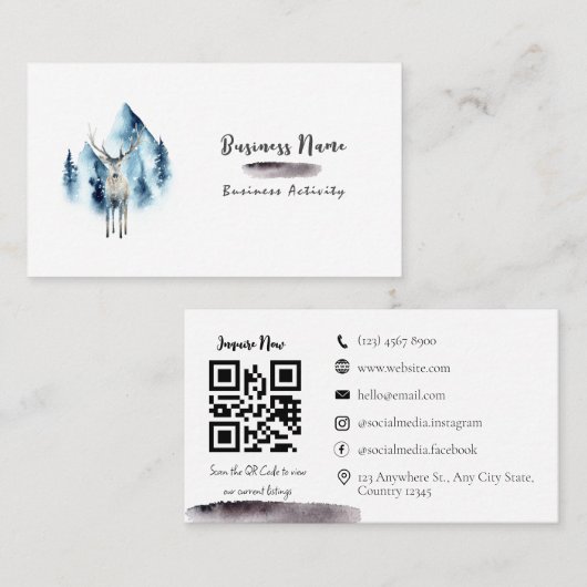 QRコードミニマリスト水彩黒名刺 名刺 (正面/裏面)