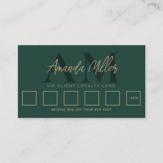 QRコードミニマルモダンリストモノグラムエメラルドグリーン ロイヤリティカード (正面)