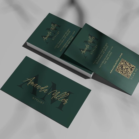 QRコードミニマルモダンリストモノグラムエメラルドグリーン 名刺