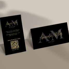 QRコードミニマルモダンリストモノグラム縦黒 名刺