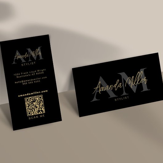 QRコードミニマルモダンリストモノグラム縦黒 名刺