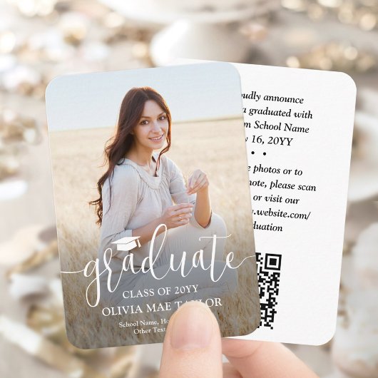 QRコードミニ卒業写真モダン白スクリプト エンクロージャーカード