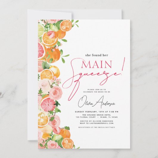 QRコードメインスクイズシトラスブライダルシャワーオレンジ 招待状 (正面)