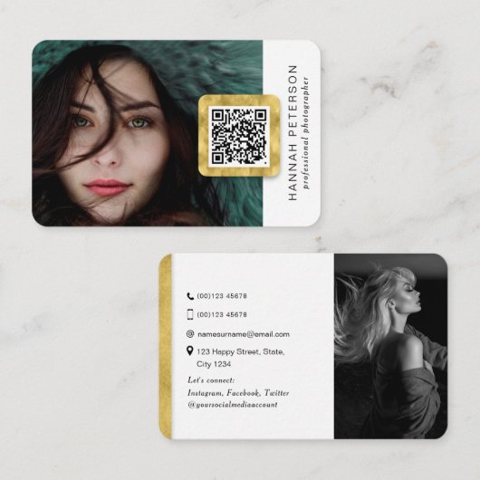QRコードモダンのスタイリッシュ金ゴールドネットワーク写真 名刺 (正面/裏面)