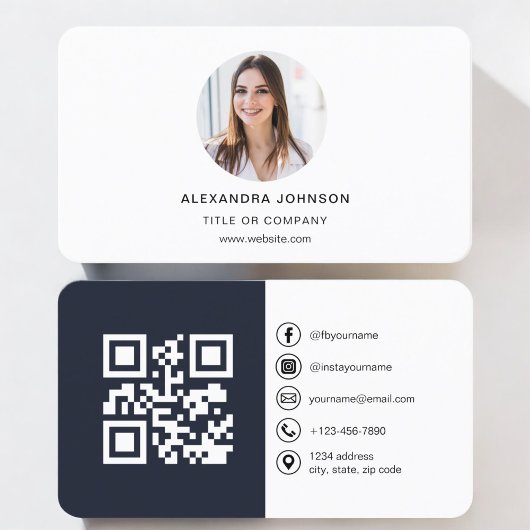 QRコードモダンソーシャルメディアを使用したネイビーブルー写真 名刺