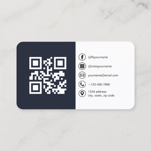 QRコードモダンソーシャルメディアを使用したネイビーブルー写真 名刺 (裏面)