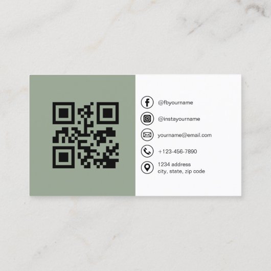 QRコードモダンソーシャルメディアを使用したSage Green写真 名刺 (裏面)
