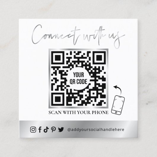QRコードモダンソーシャルメディア白&クロムシルバー スクエア名刺 (正面)