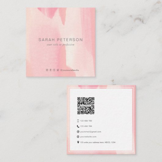 QRコードモダントレンディー赤面水彩パーソナル スクエア名刺 (正面/裏面)