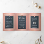 QRコードモダンネイビーバラ金ゴールド結婚 三つ折り案内状 (内部)