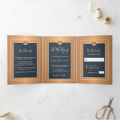 QRコードモダンネイビー銅金ゴールド結婚式招待状 三つ折り案内状 (内部)