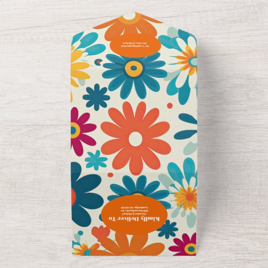 QRコードモダンレトロ70のデイジー結婚 オールインワン招待状 (外側)