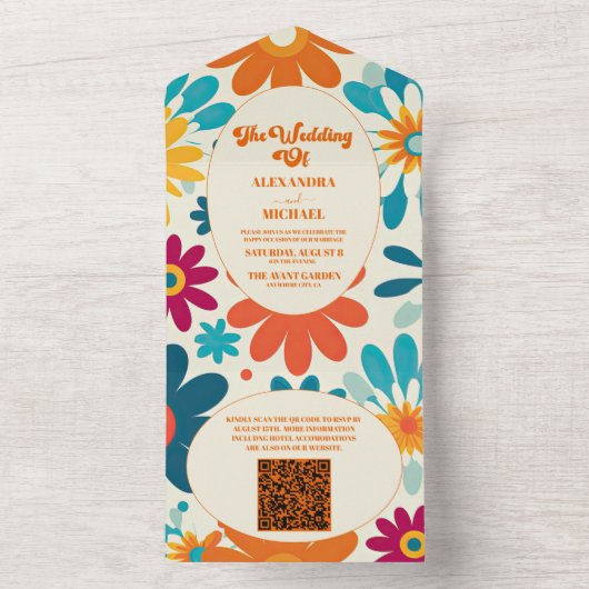 QRコードモダンレトロ70のデイジー結婚 オールインワン招待状 (内側)