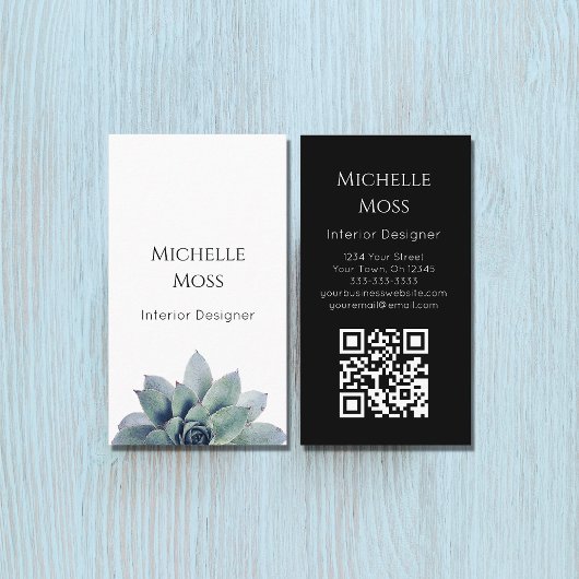 QRコードモダン植物緑白黒 名刺