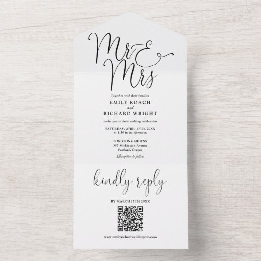 QRコードモダン白黒結婚の オールインワン招待状 (内側)