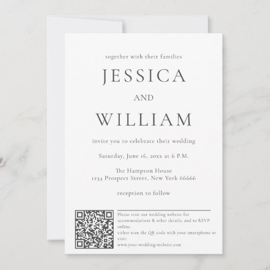 QRコードモダン結婚を使用したミニマルおよび 招待状 (正面)