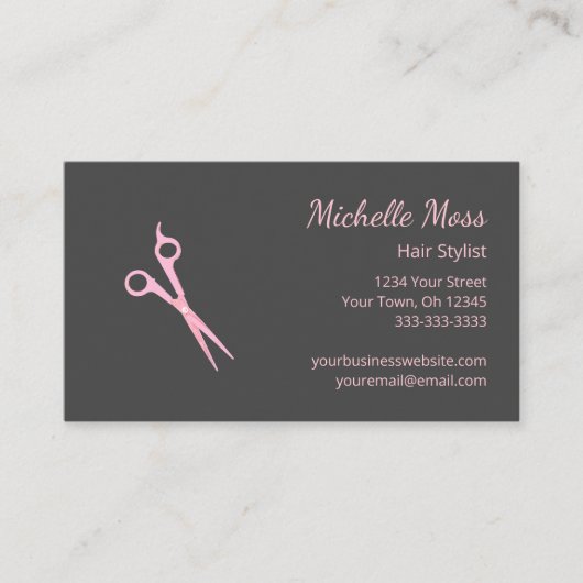 QRコードモダン美容師グレーピンクハサミ 名刺 (正面)