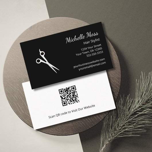 QRコードモダン美容師シザーズブラック 名刺