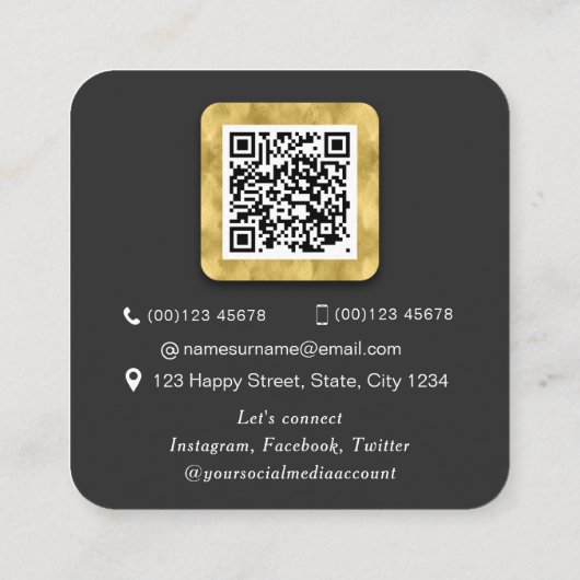 QRコードモダン金ゴールドプロフェッショナルスキャン可能写真 スクエア名刺 (裏面)