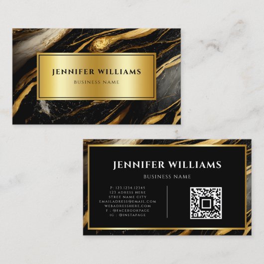 QRコードモダン金ゴールド白黒の大理石 名刺 (正面/裏面)