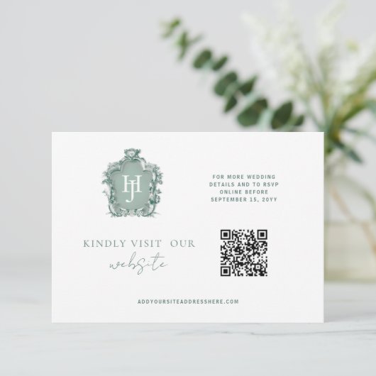 QRコードモノグラムブルー、グリーンタイムレスRSVPオンライン エンクロージャーカード (スタンド正面)