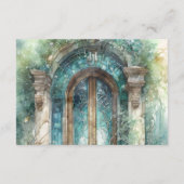 QRコードモノグラムブルー、グリーンタイムレスRSVPオンライン エンクロージャーカード (裏面)