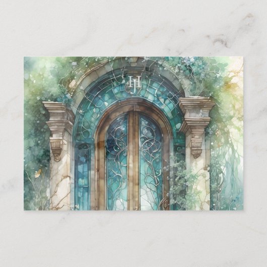 QRコードモノグラムブルー、グリーンタイムレスRSVPオンライン エンクロージャーカード (裏面)