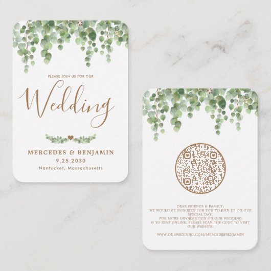 QRコードユーカリ植物学結婚式招待状 エンクロージャーカード (正面/裏面)