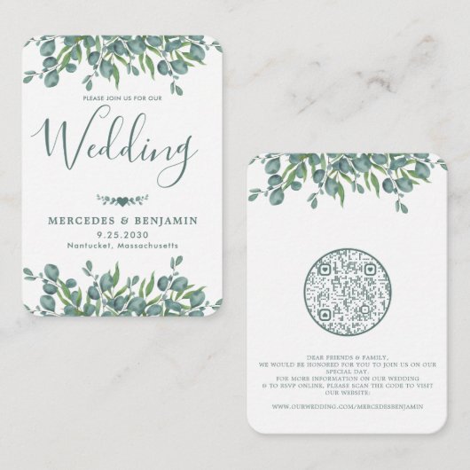 QRコードユーカリ緑結婚式招待状 エンクロージャーカード (正面/裏面)