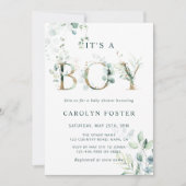 QRコードユーカリ金ゴールドレターボーイベビーシャワー 招待状 (正面)