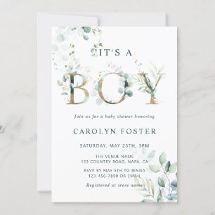 QRコードユーカリ金ゴールドレターボーイベビーシャワー     招待状