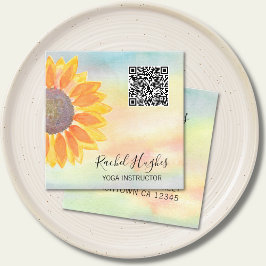 QRコードヨガインストラクターひまわり水彩 スクエア名刺