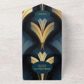 QRコードラグジュアリーブルーと金ゴールドアールデコ結婚ズ オールインワン招待状 (外側)