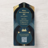 QRコードラグジュアリーブルーと金ゴールドアールデコ結婚ズ オールインワン招待状 (内側)